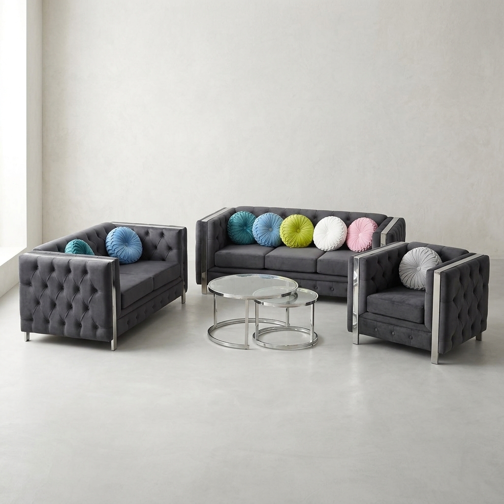 Juego de Sala Tuxedo Capitoné Gris Acero, Salas & Cocinas